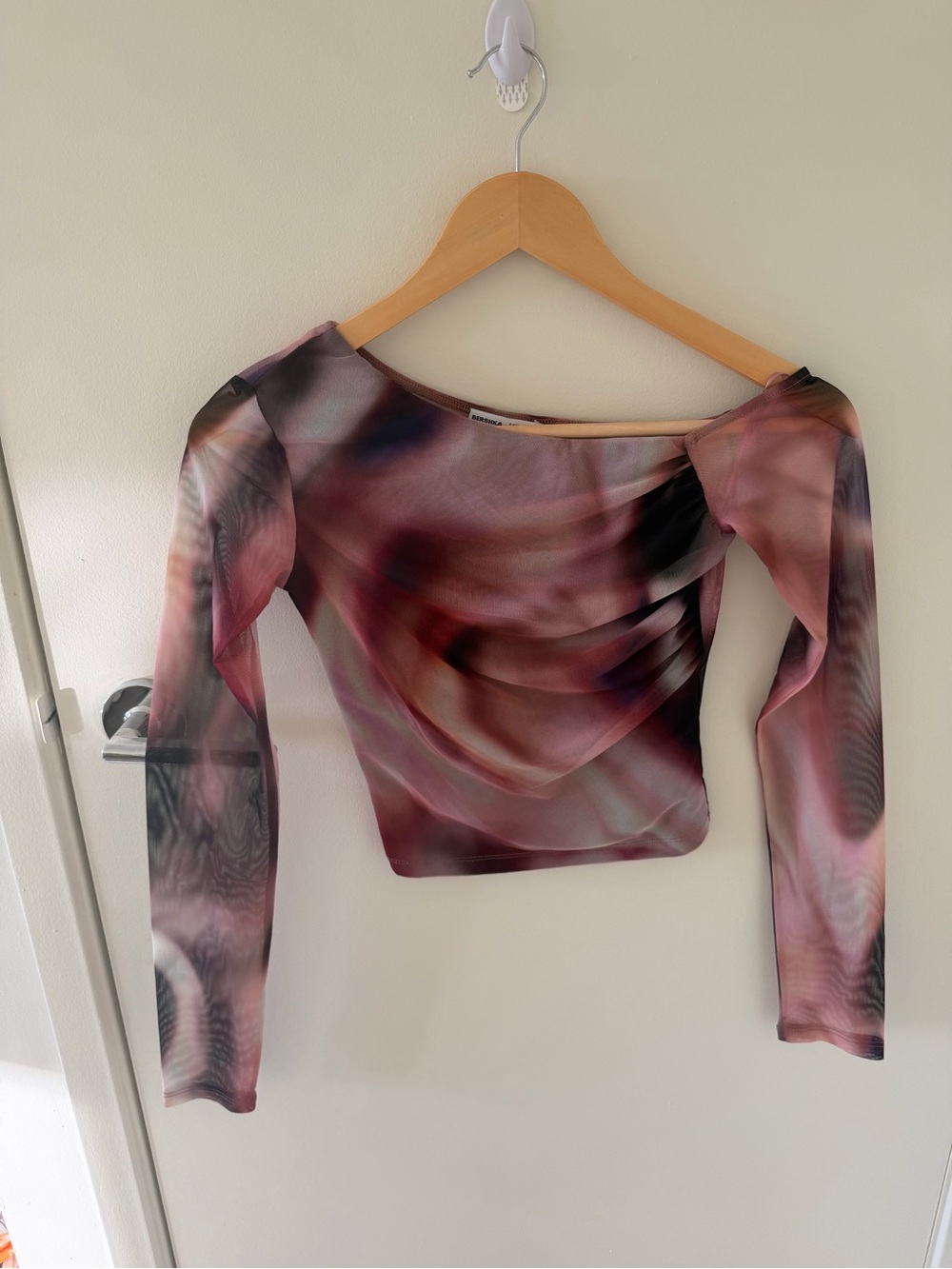 Bershka Pink Marble-Print Long Sleeve Crop Top
